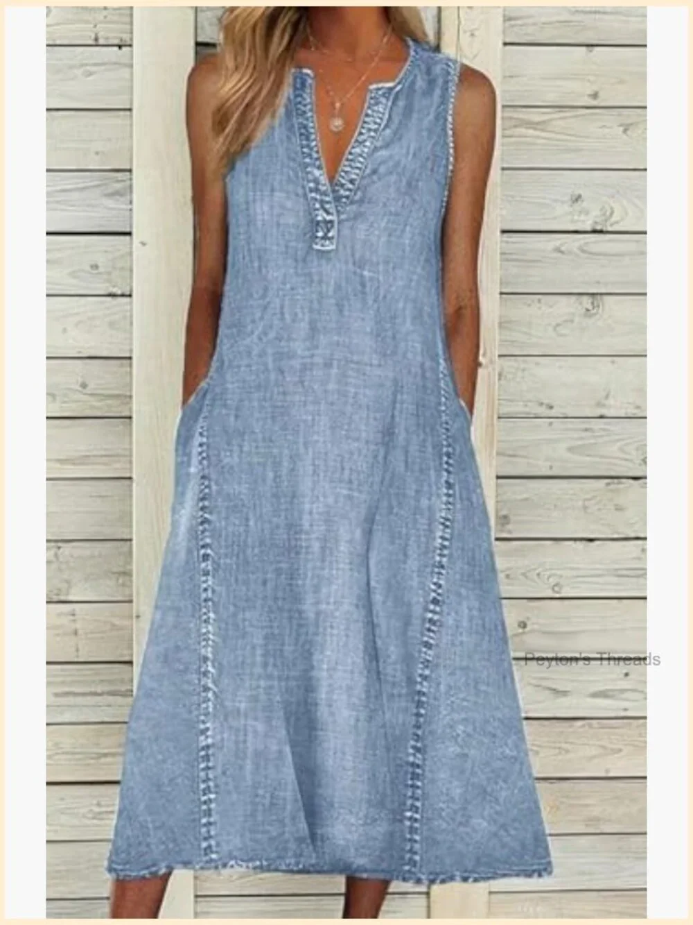 Sleeveless Denim Midi Dress A-Line V-Neck Tank Dress Summer Casual Shift Dress - Picture 4 of 5